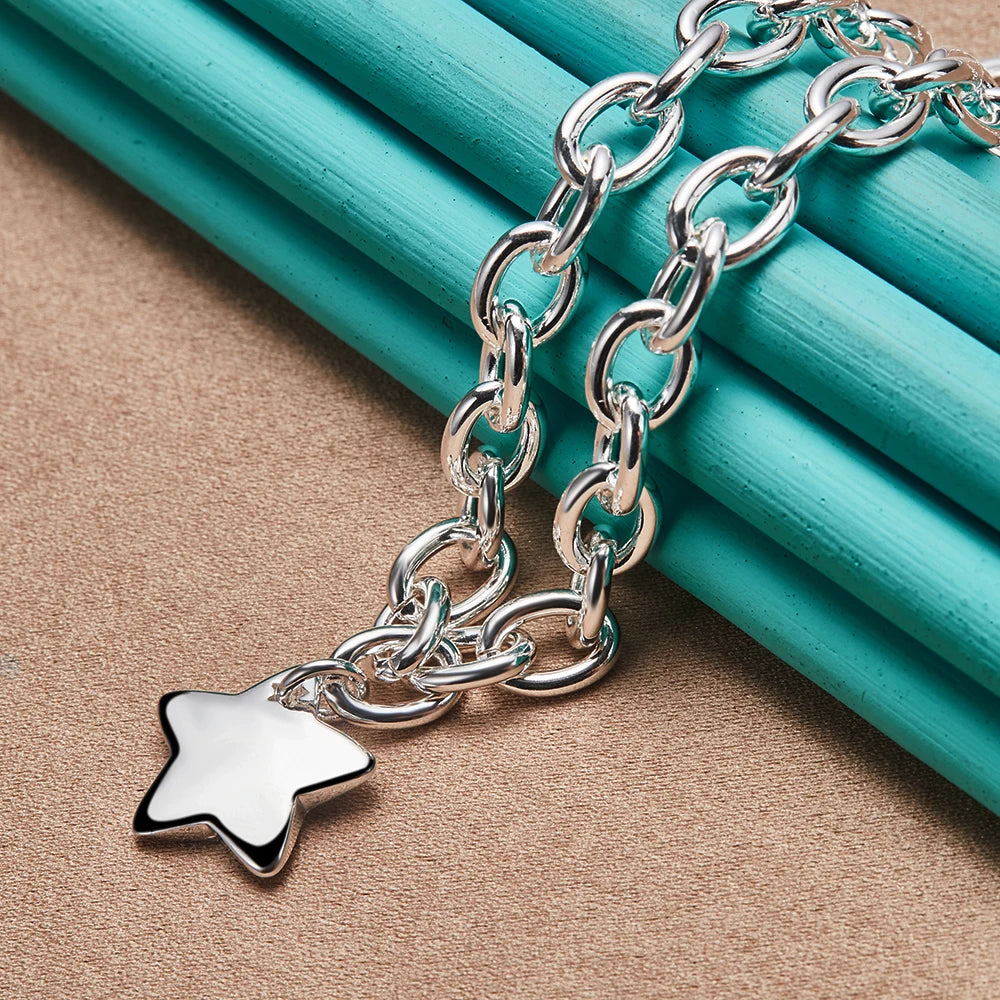 925 Sterling Silver Star Pendant 18 Inch Chain Necklace For Woman