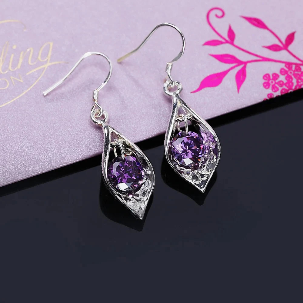 Pure 925 Sterling Silver Earrings Elegant Woman Crystal Amethyst Shell