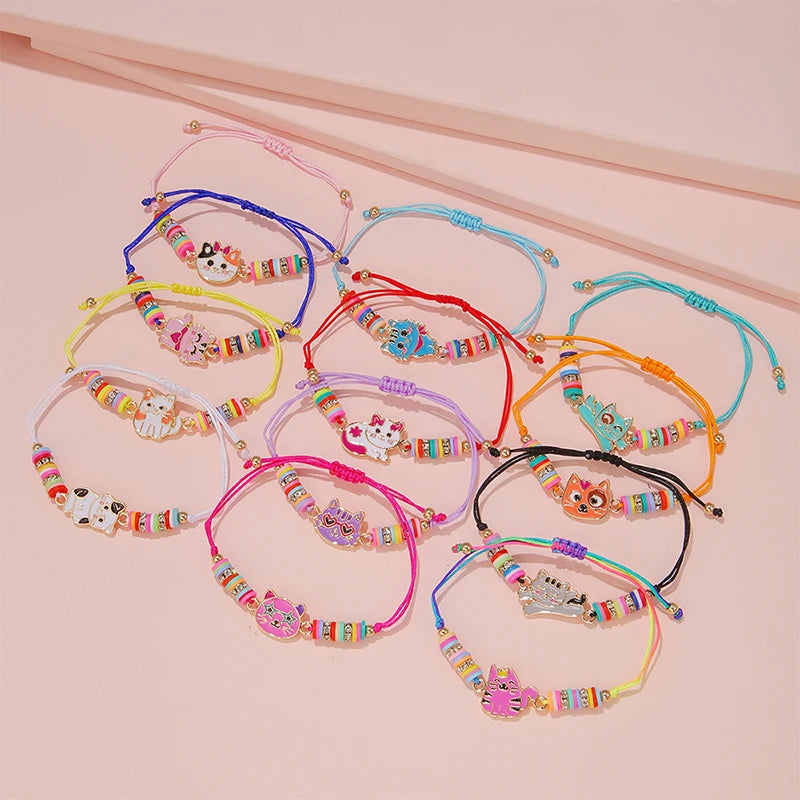 12pcs Cute Cat Rope Rainbow Unicorn Charm Girls Kids Bracelets