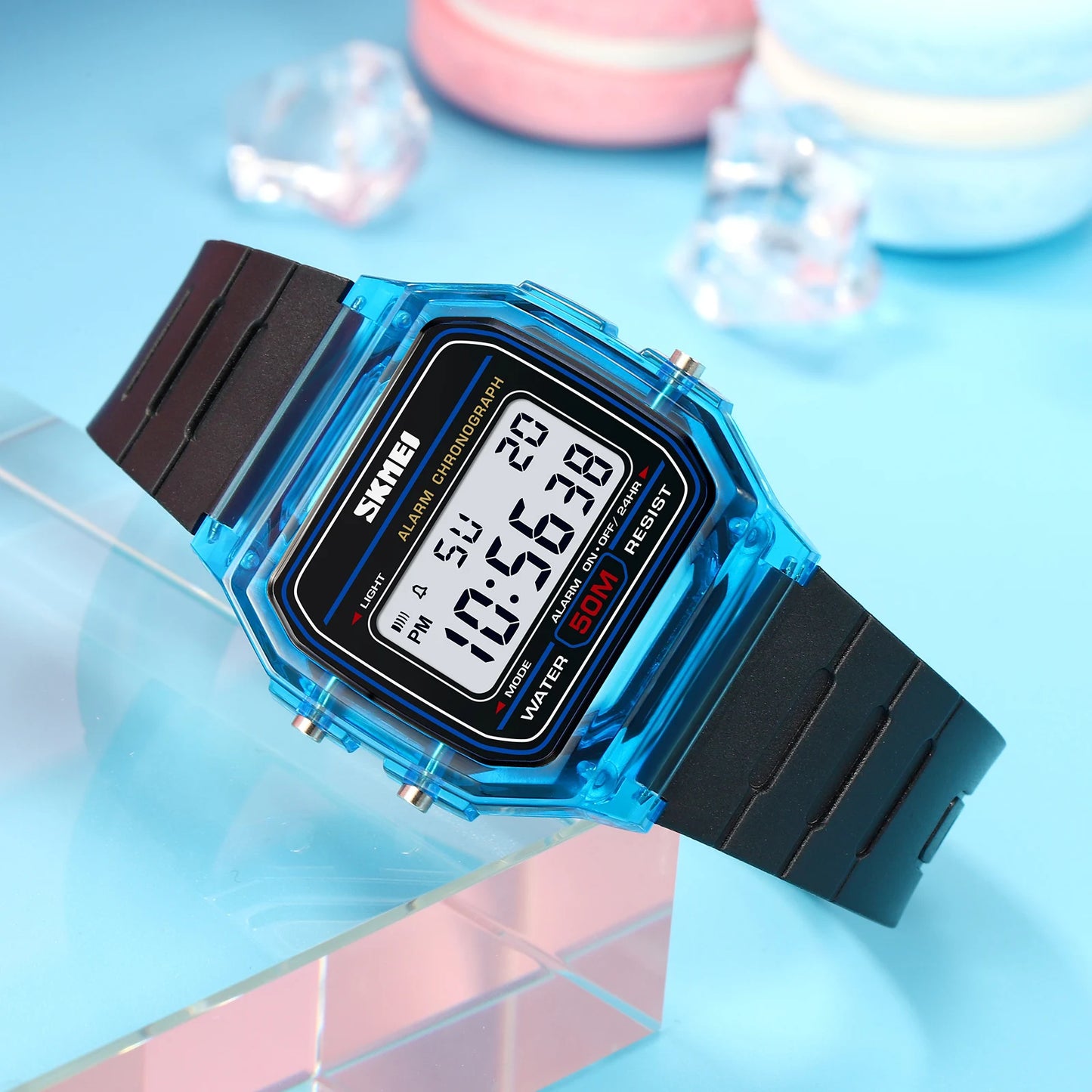 Womens Digital Watch Transparent TPU Strap Shockproof Ladies Wristwatch