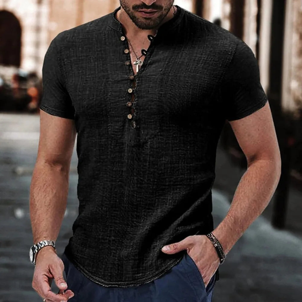 Mens Short Sleeve T Shirts V Neck Button Cotton Linen Shirt Casual