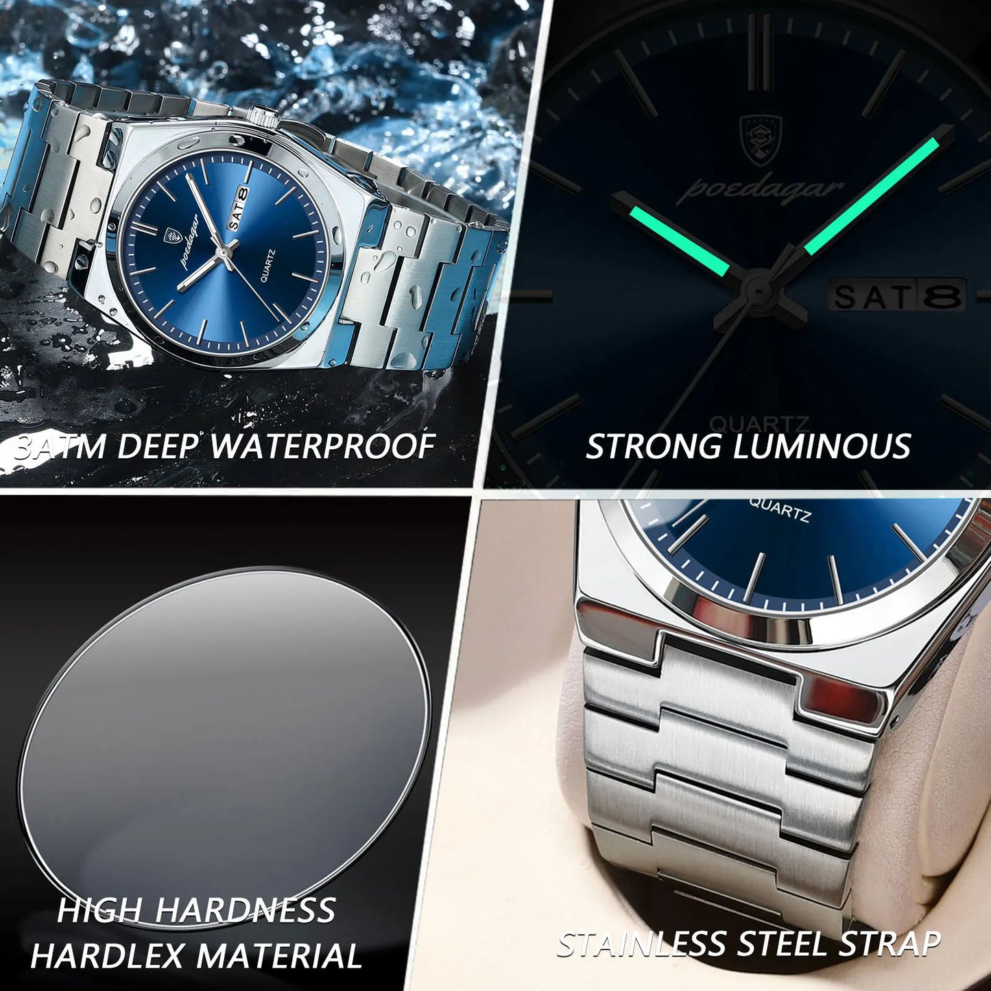 Mens Quartz Watch Waterproof Luminous Stainless Steel