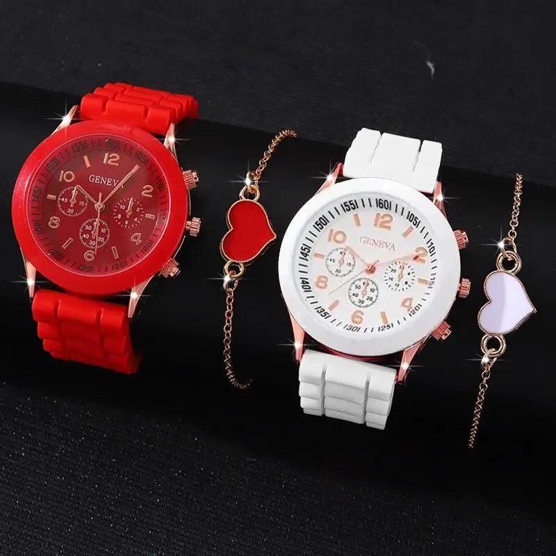 Luxury Mens Womens Silicone Tape Quartz Watch Bracelet Set