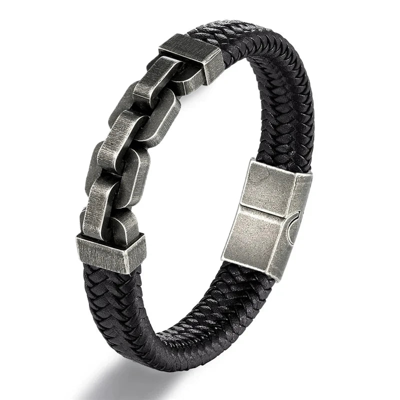 Locomotive Men Punk Rock Wide Bicycle Chain Leather Bracelet