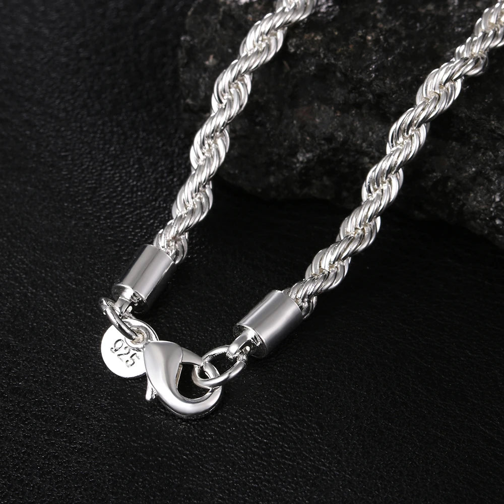 925 Silver 4mm Womens Mens Chain Twisted Rope Necklace Bracelets Set