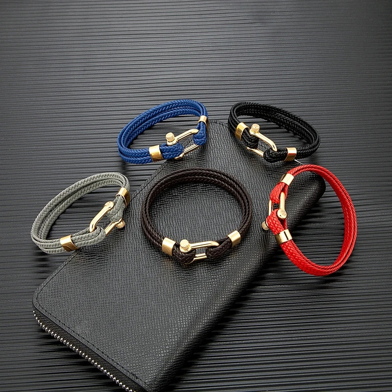 Navy Style Men U shape Shackle Woven Multilayer Leather Bracelets