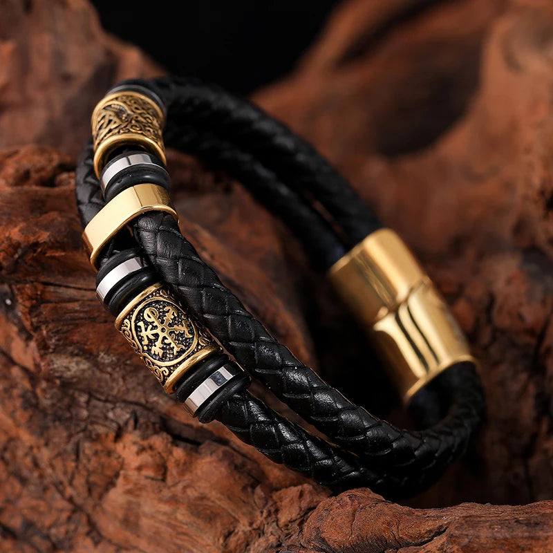 Norse Mythology Viking Compass Runes Amulet Leather Bracelet for Men