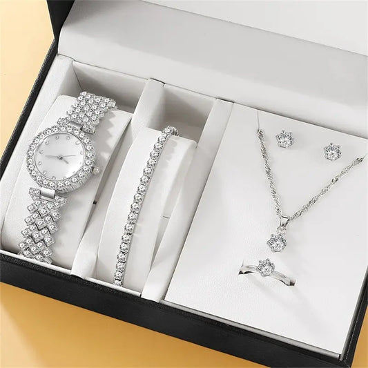 6PCS Set Watch Womens Ring Necklace Earring Bracelet