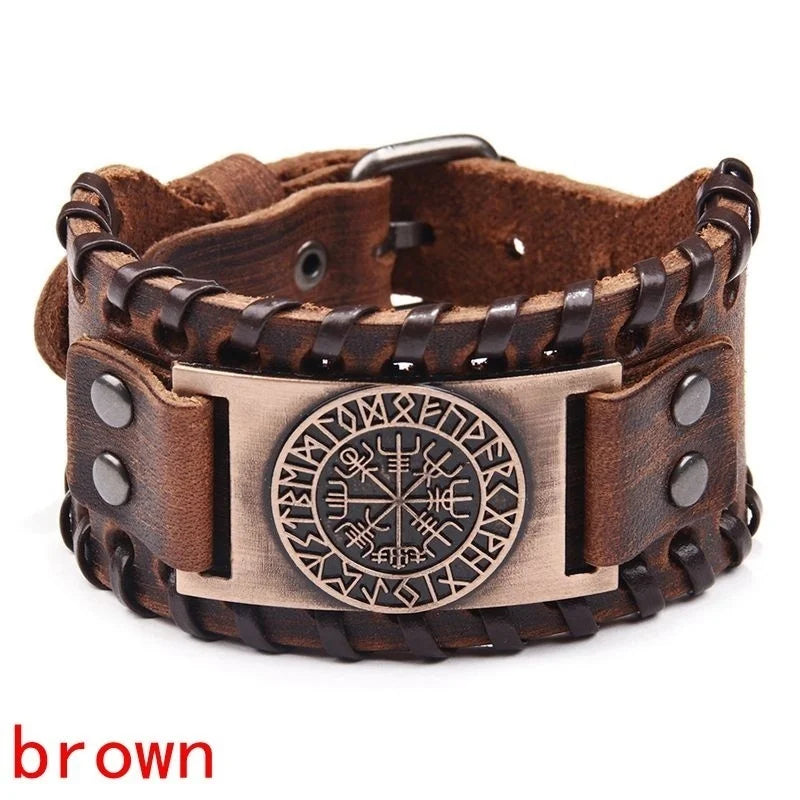 Retro Wide Leather Pirate Compass Mens Bracelet Celtic Viking Jewelry