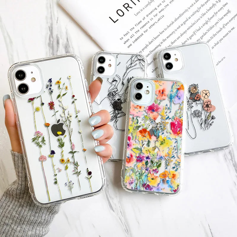 Flower Shockproof Clear Phone Case For iPhone 15 14 13 Pro Max