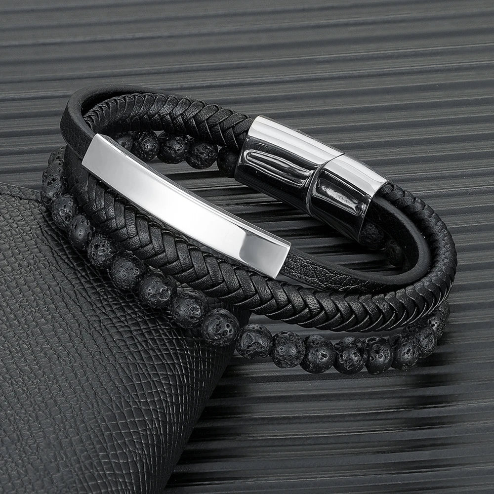 Punk Men Multilayer Braid Leather Natural Stone Beaded Bracelet