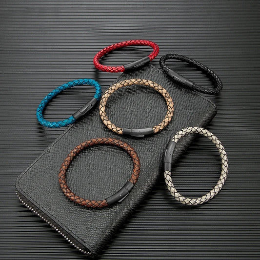 Minimalist Men Genuine Braided Leather Bracelet Magnetic Buckle