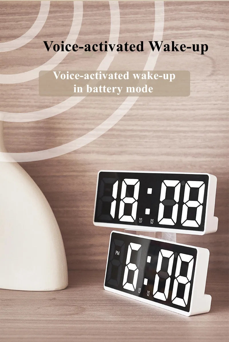 Acrylic Mirror Digital Alarm Table Clock Voice Control Powered By Battery