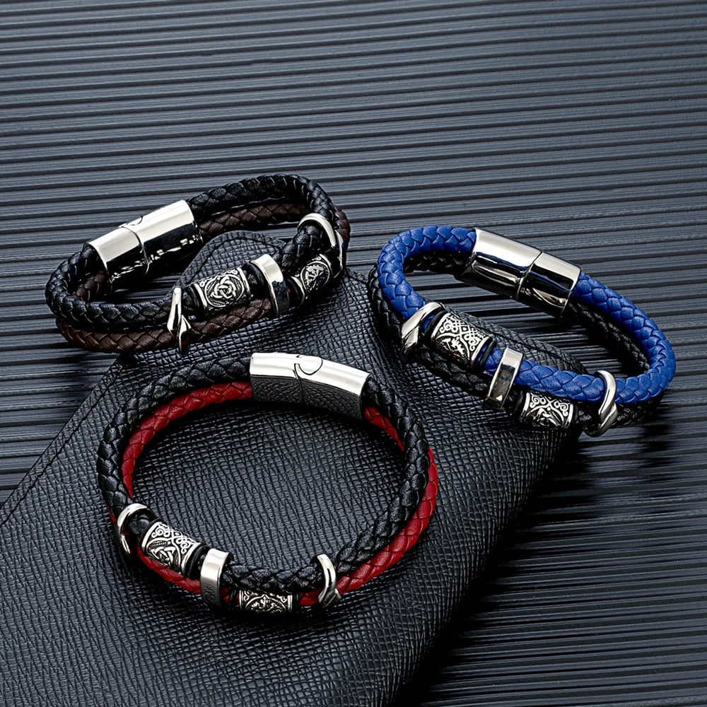 Punk Viking Style Stainless Steel Beads Braided Multilayer Leather Bracelet