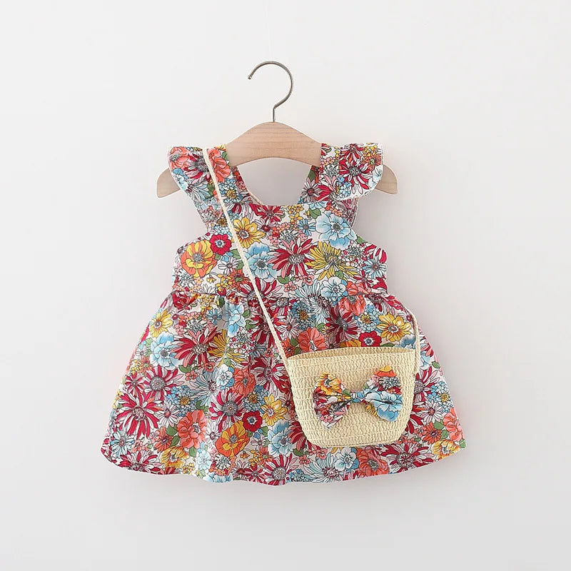 Summer Baby Girls Sleeve Dress with Straw Bag