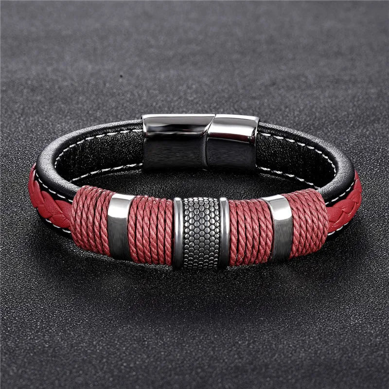 Punk Multilayer Braid Leather Magnetic Buck Men Bracelet