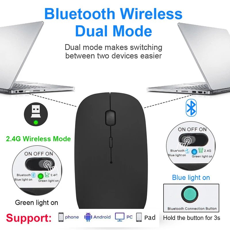 Silent Rechargeable Wireless Bluetooth Mouse 2.4Ghz USB Mice