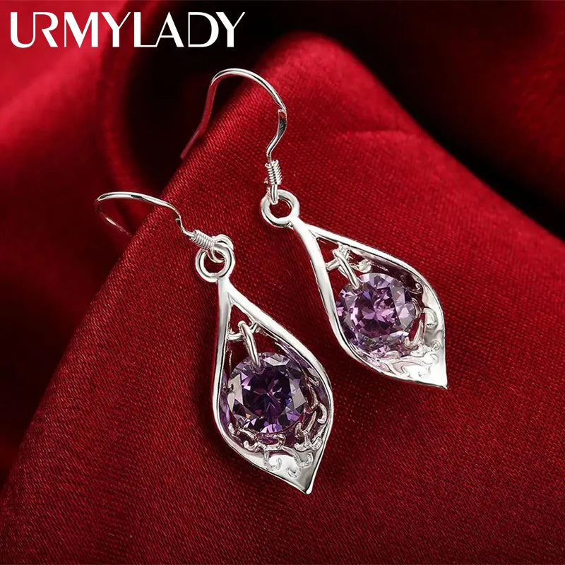 Pure 925 Sterling Silver Earrings Elegant Woman Crystal Amethyst Shell