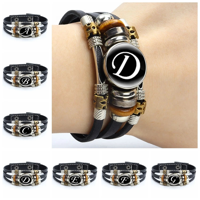 26 Initial Letters Cabochon Glass Adjustable Snap Bracelet