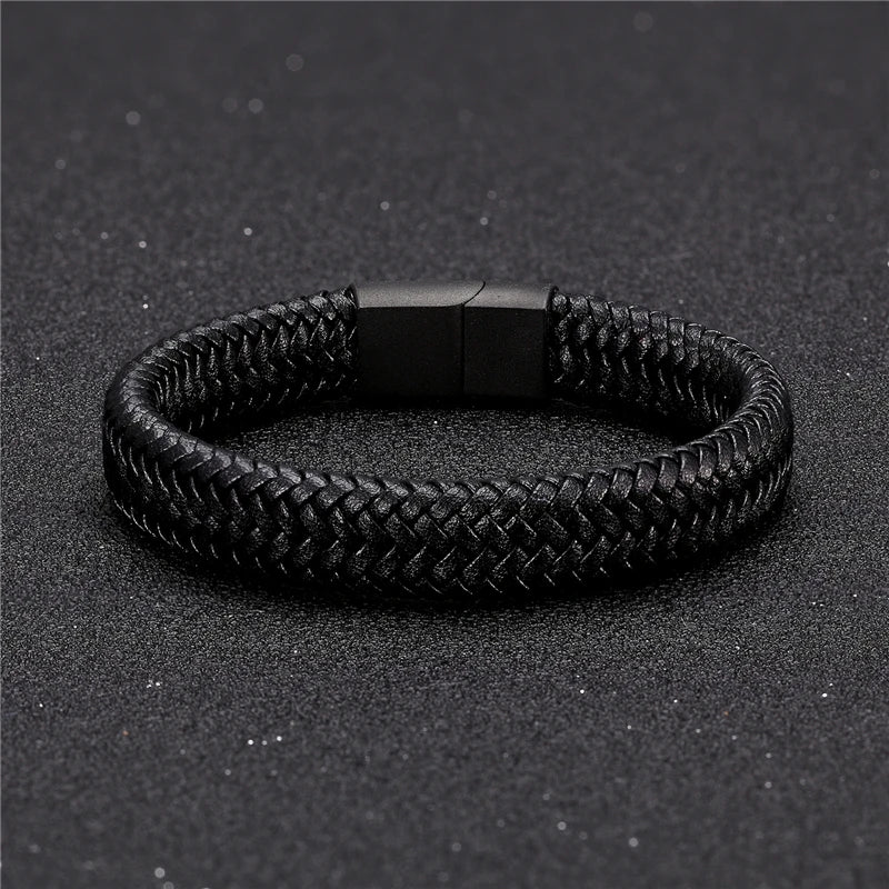 Mens Leather Bracelet Titanium Rope Steel Magnetic Clasp Bracelets