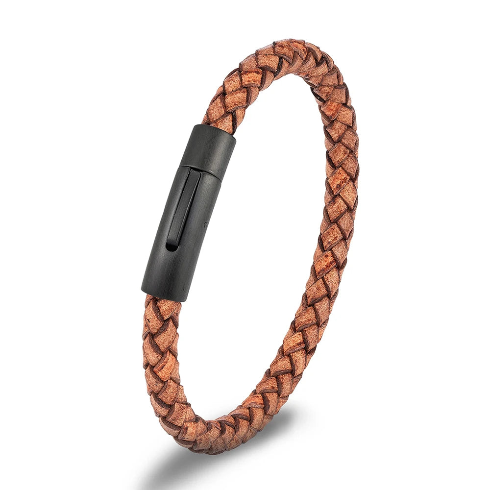 Minimalist Men Genuine Braided Leather Bracelet Magnetic Buckle