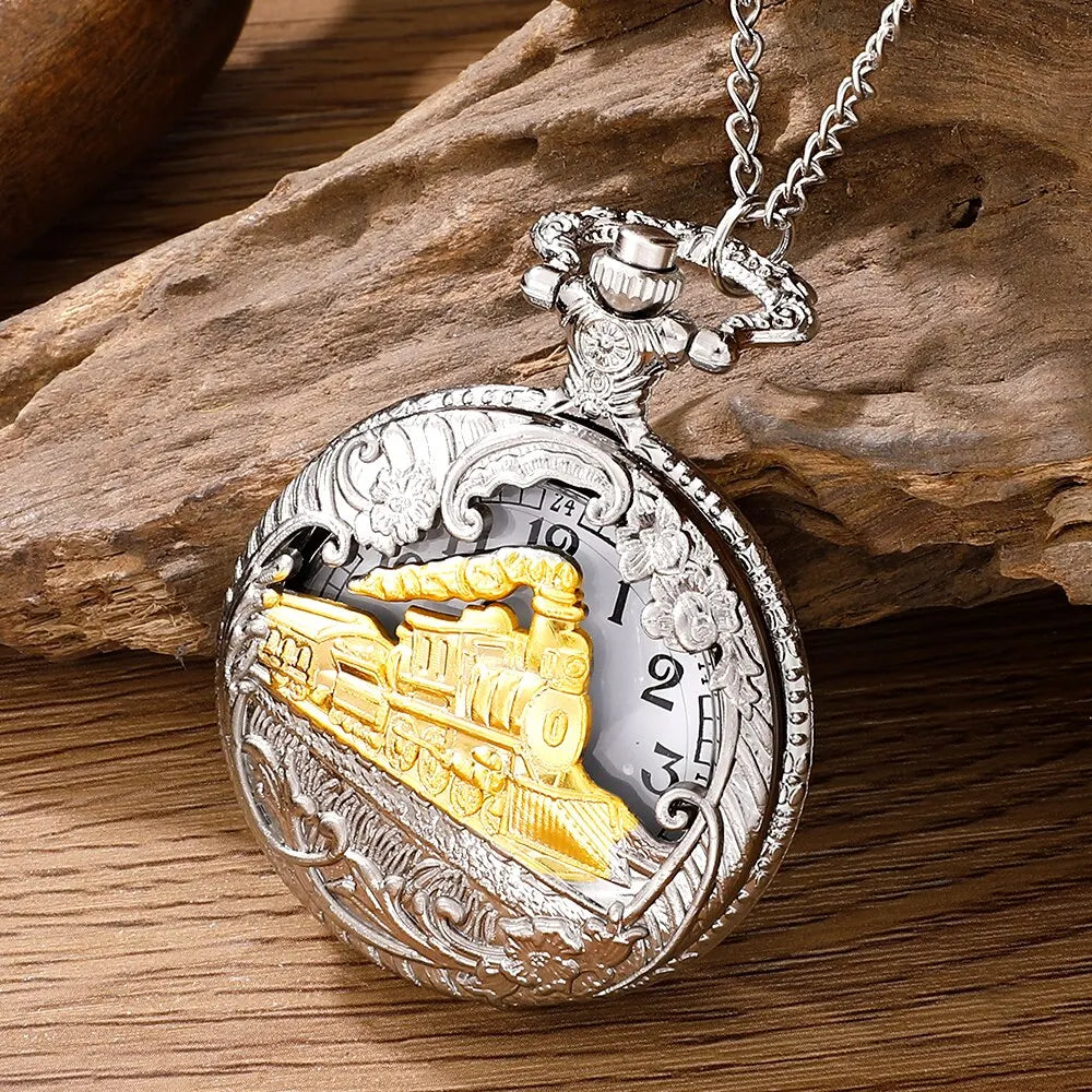 Steam Train Design Pocket Watch Chain Necklace