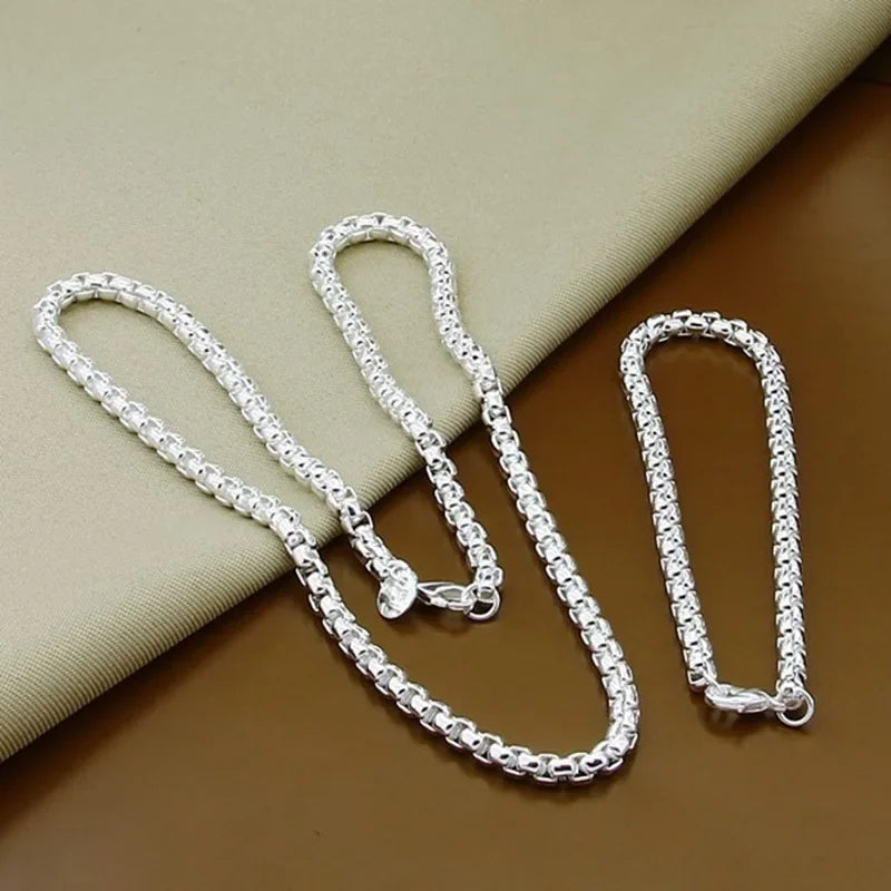 925 Sterling Silver 4mm Round Box Chain Necklace Bracelet Set For Women Men