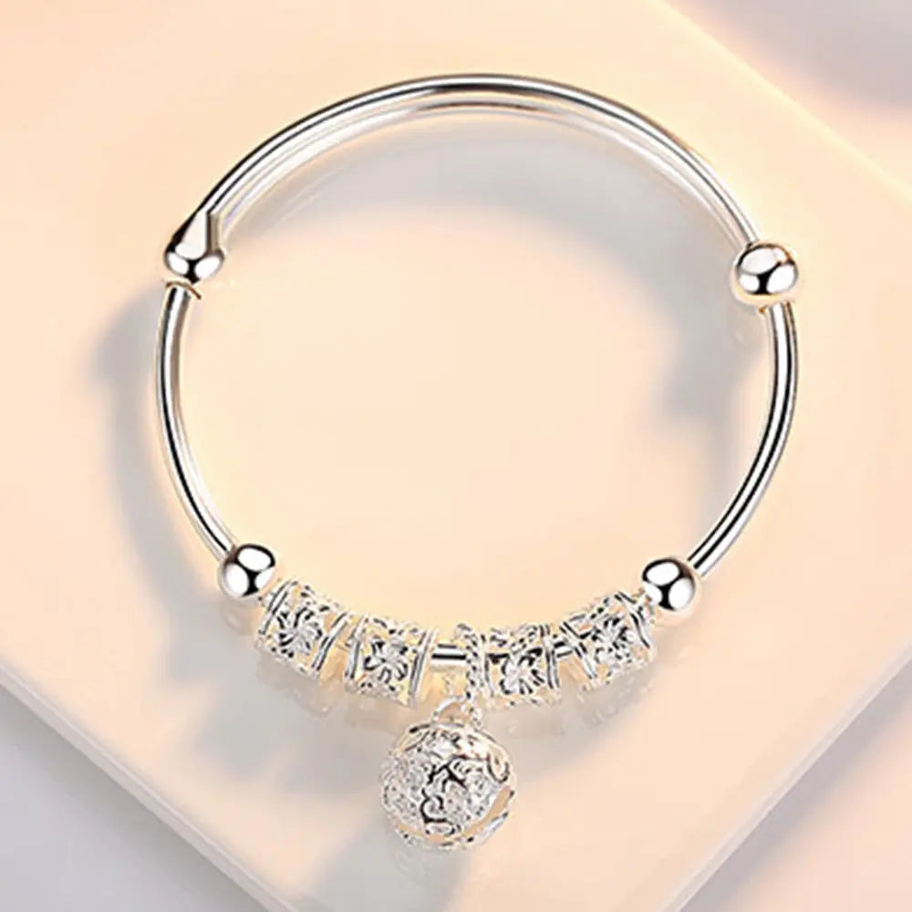 925 Sterling Silver Hollow Bells Ball Bangles Bracelets for Women