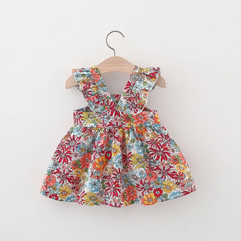 Summer Baby Girls Sleeve Dress with Straw Bag