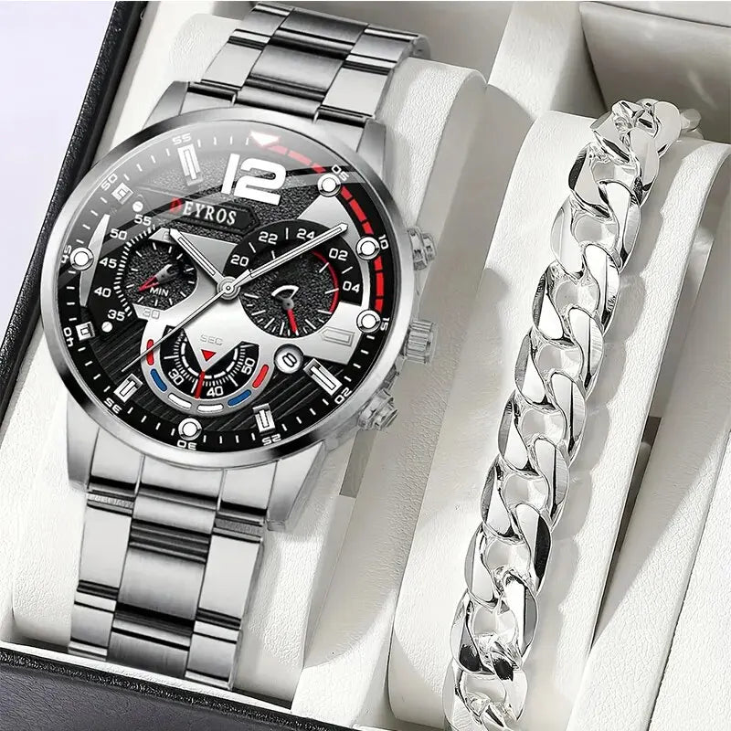 Mens Silver Quartz Watch With Stainless Steel Bracelet