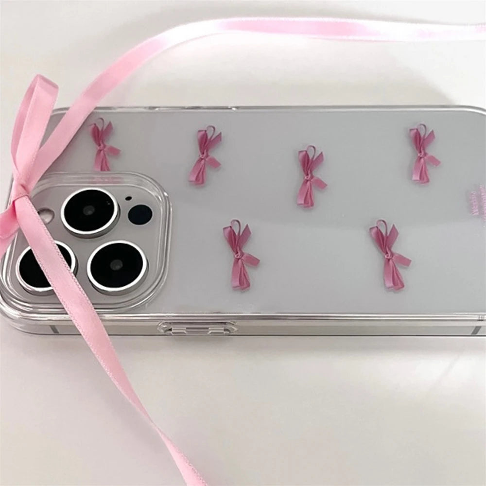 Cute Pink Bow Transparent Phone Case For iPhone 15 14 13 12 11 Pro Max