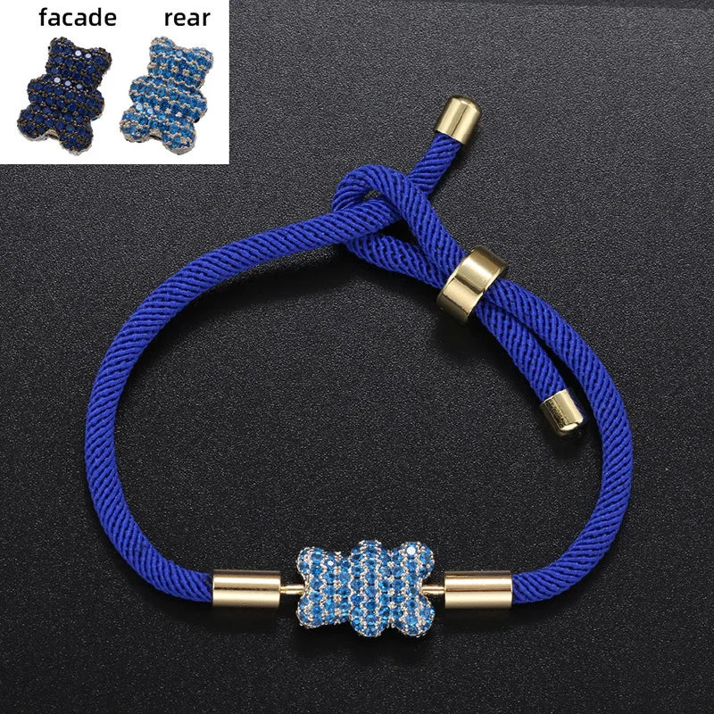 Cute Bear Micro Inlaid Zircon Braided Rope Bracelets for Friends Couple