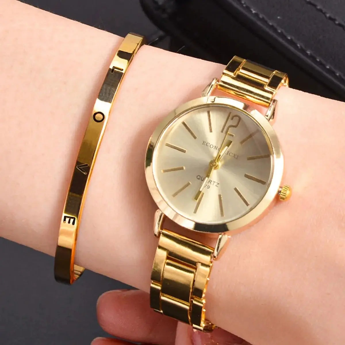 Women Gold Bracelet Quartz Watch Bracelet Set