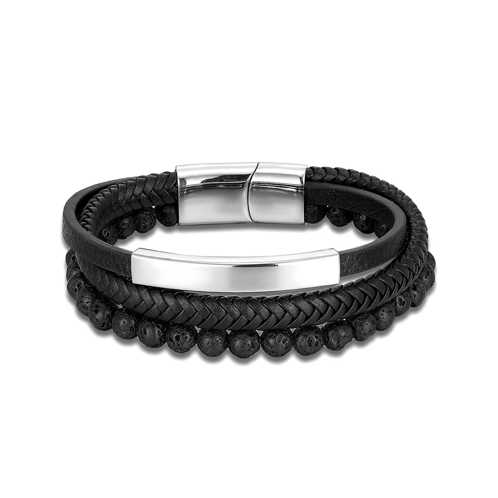 Punk Men Multilayer Braid Leather Natural Stone Beaded Bracelet