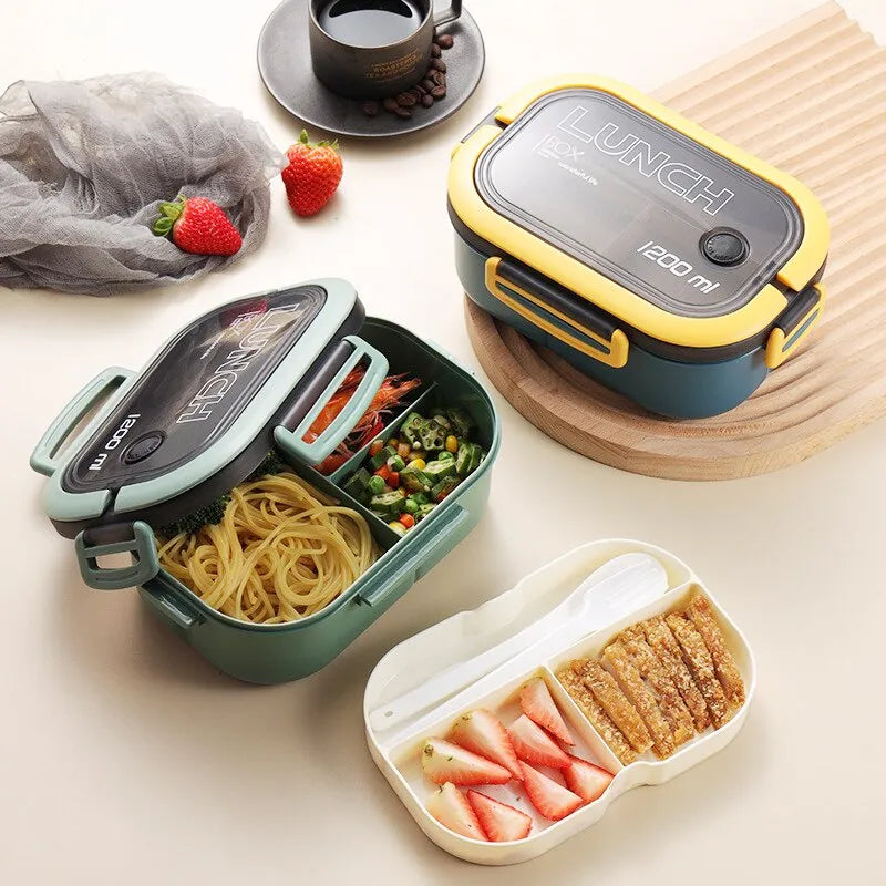 Portable Double Layer Lunch Box Microwaveable With Fork And Spoon