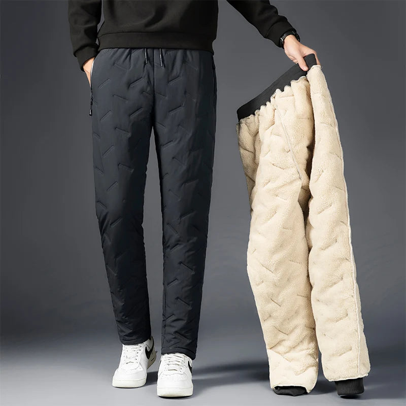 Winter Zip Pockets Thicken Fleece Men Water Proof Thermal Trousers