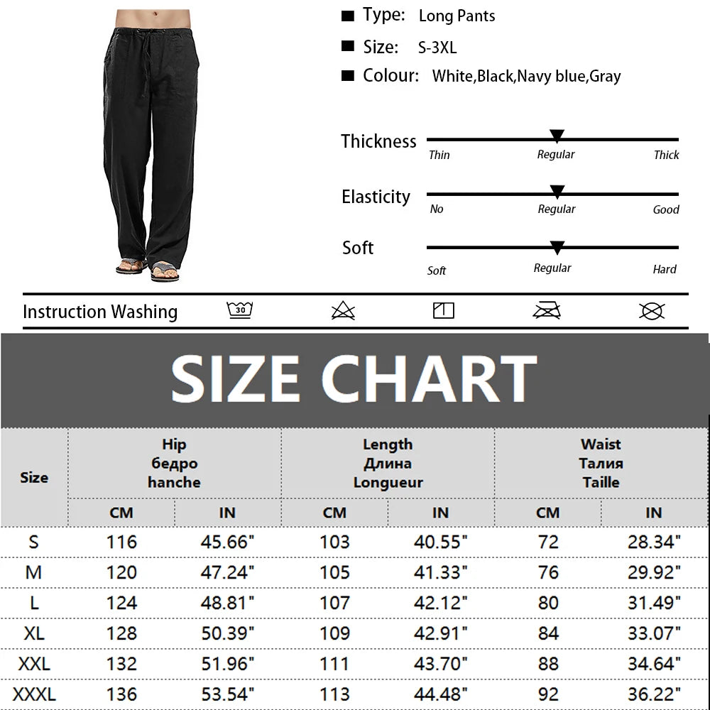 Mens Cotton Linen Pants Loose Cool Casual Elastic Waist Long Trousers