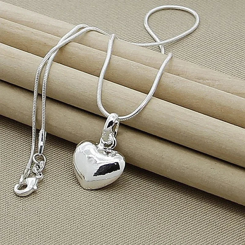 Fine 925 Sterling Silver Solid Heart Necklace Snake Chain For Women