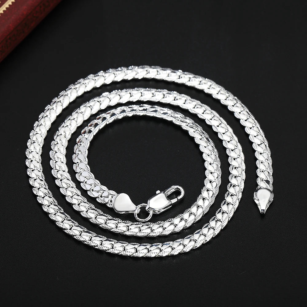 925 Sterling Silver 6mm Full Necklace Bracelet For Women Men Link Chain Set