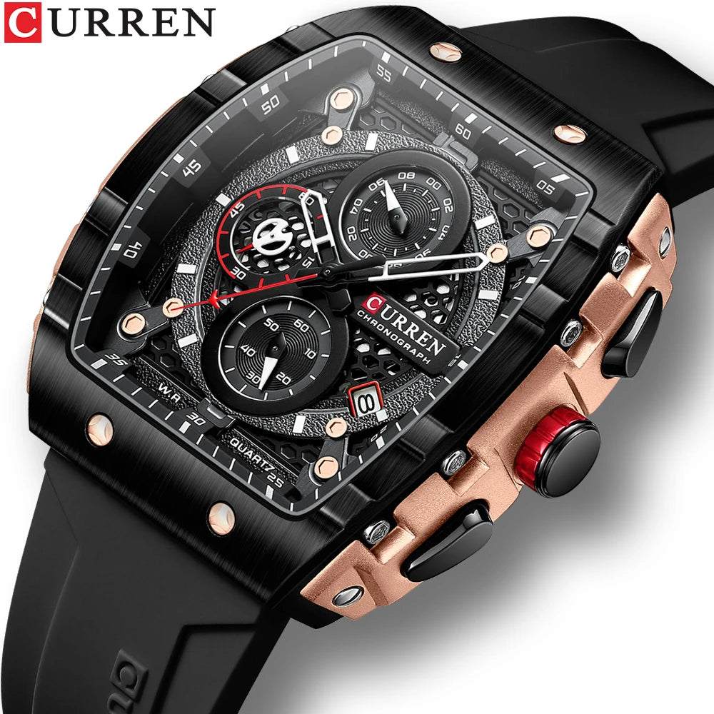 Mens Square Quartz Wristwatch Waterproof Luminous Chronograph Watch