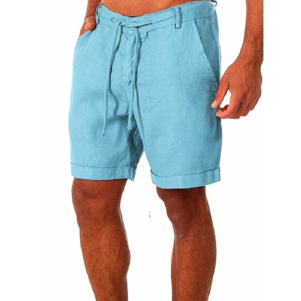 Mens Cotton Linen Shorts Summer Breathable Solid Color