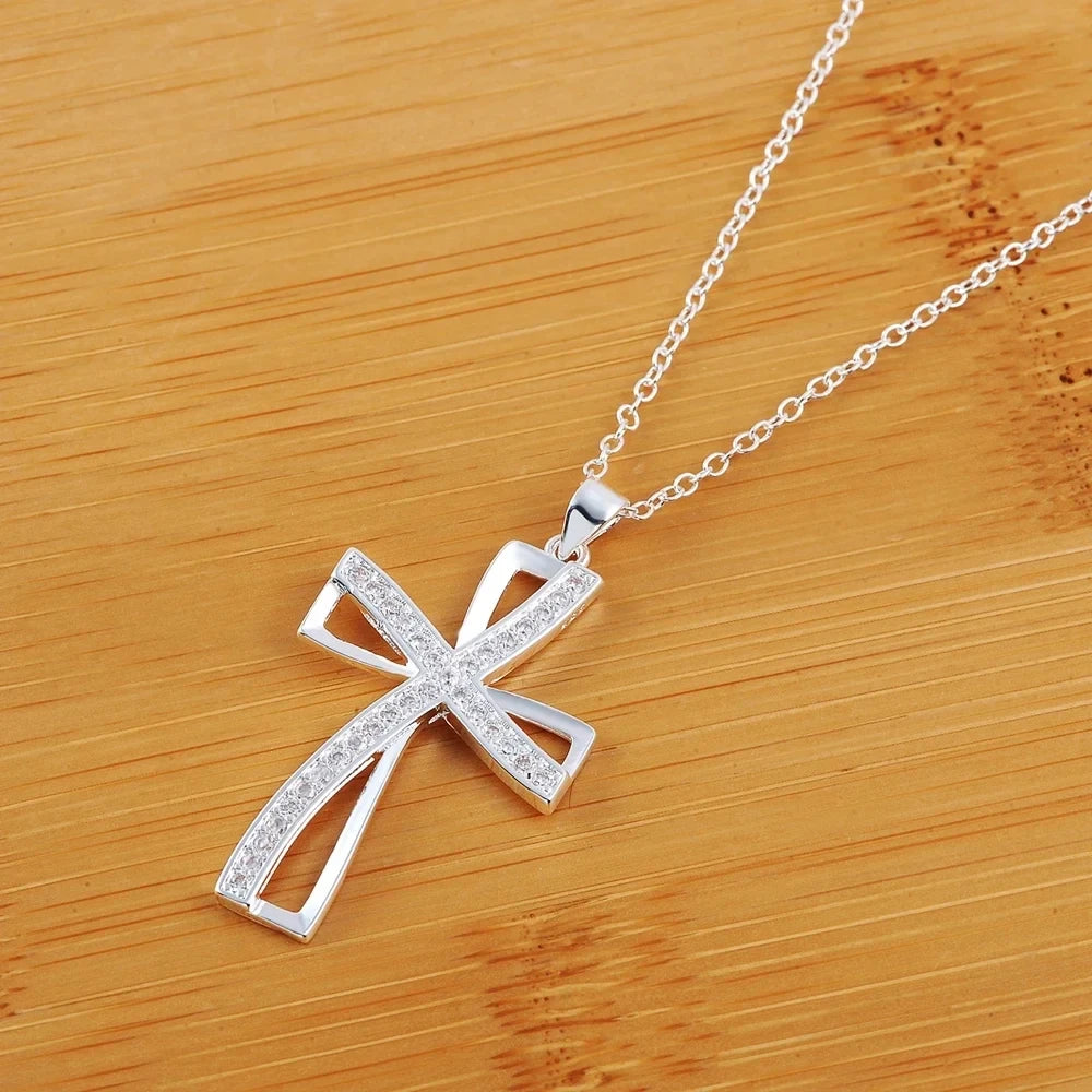 925 Sterling Silver Necklace for Women Cyrstal Cross Pendant Chain