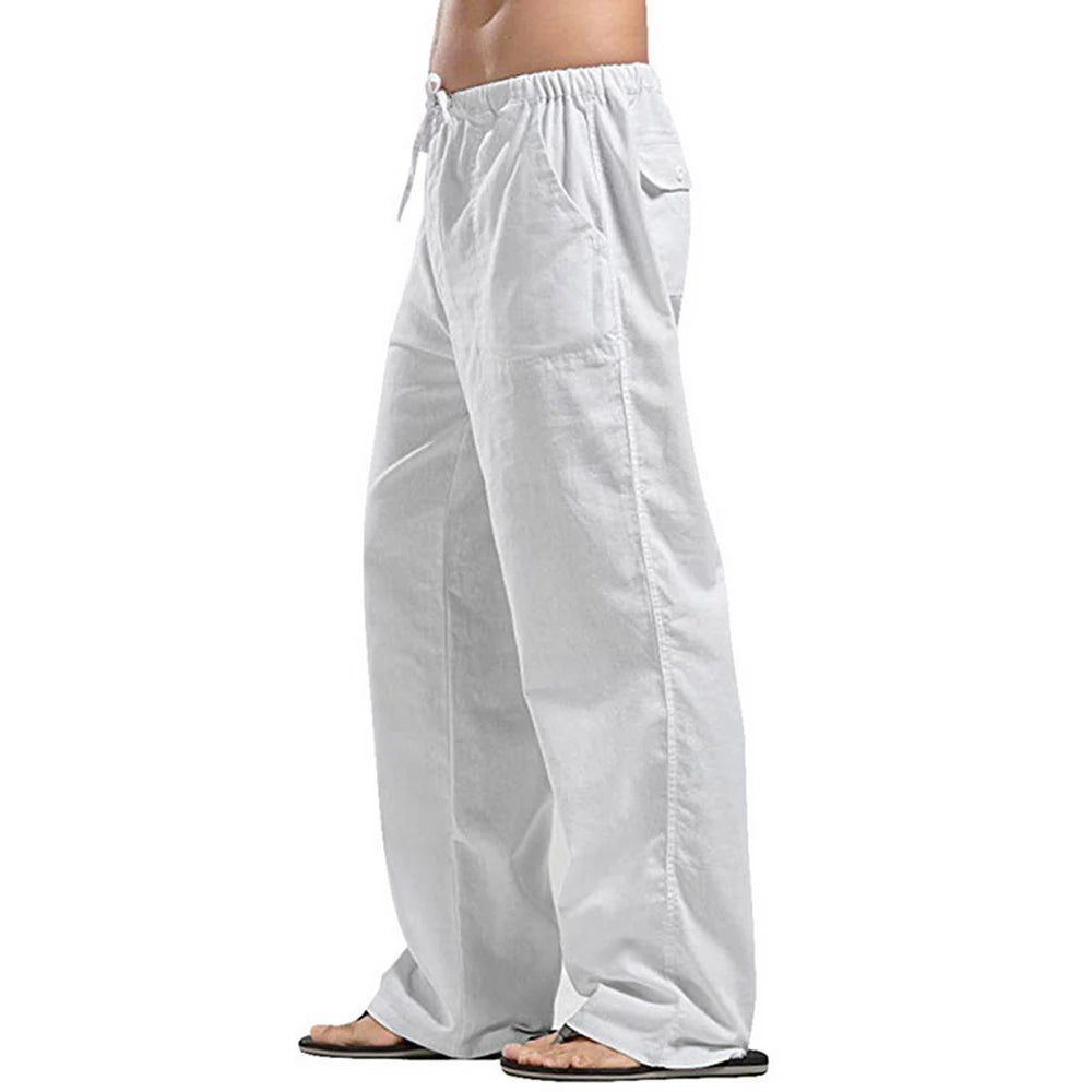 Mens Cotton Linen Pants Loose Cool Casual Elastic Waist Long Trousers