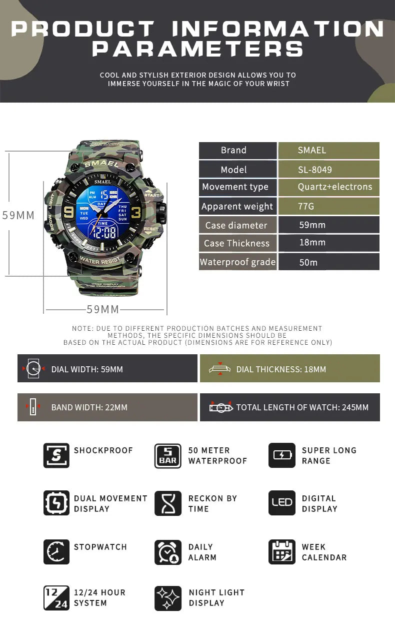 Mens Sport Watch Waterproof Alarm Dual Time Digital Military Wristwatch