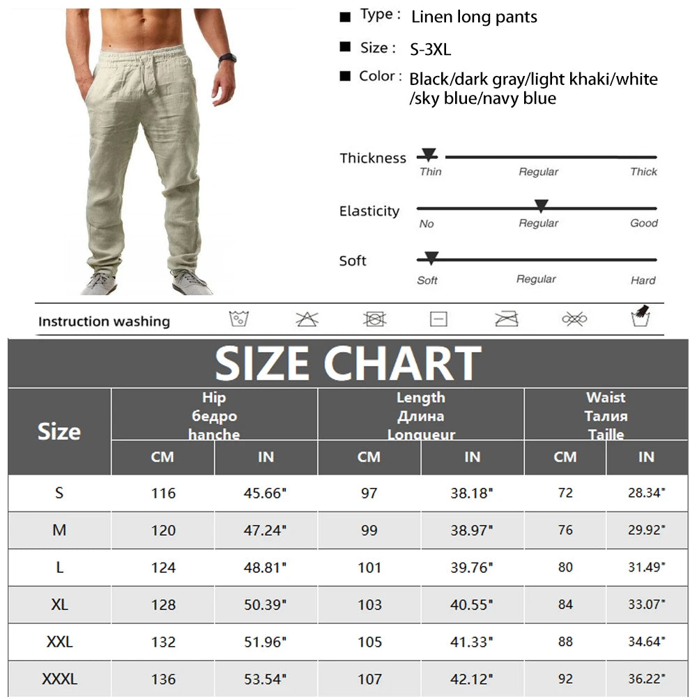 Mens Cotton Linen Long Pants Summer Breathable Linen Trousers