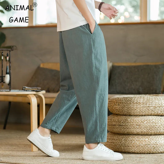 Mens Trousers Cotton Linen Casual Pants Breathable Loose Shorts Straight