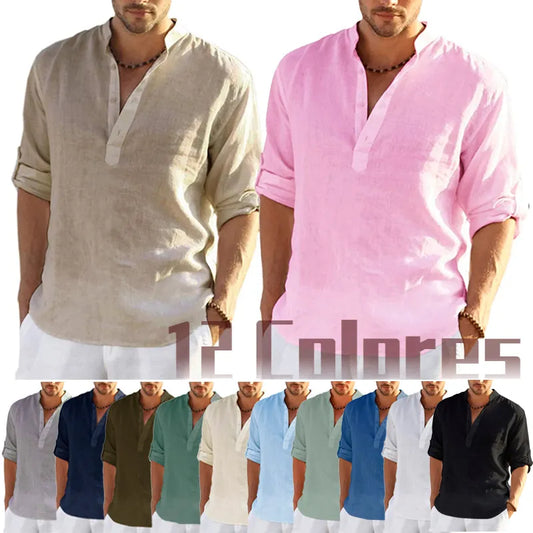 Mens Cotton Linen Long Sleeve T Shirt Loose Casual Shirt