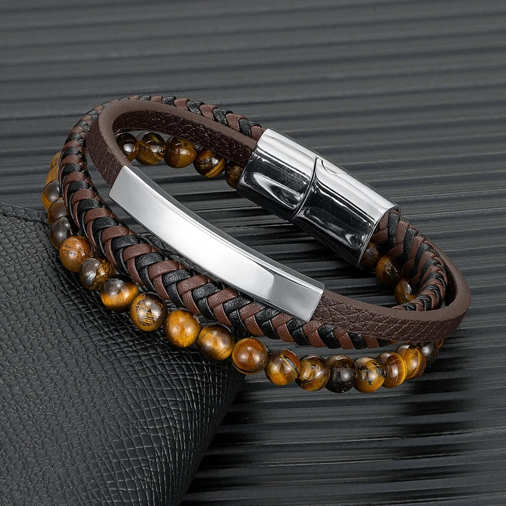 Punk Men Multilayer Braid Leather Natural Stone Beaded Bracelet