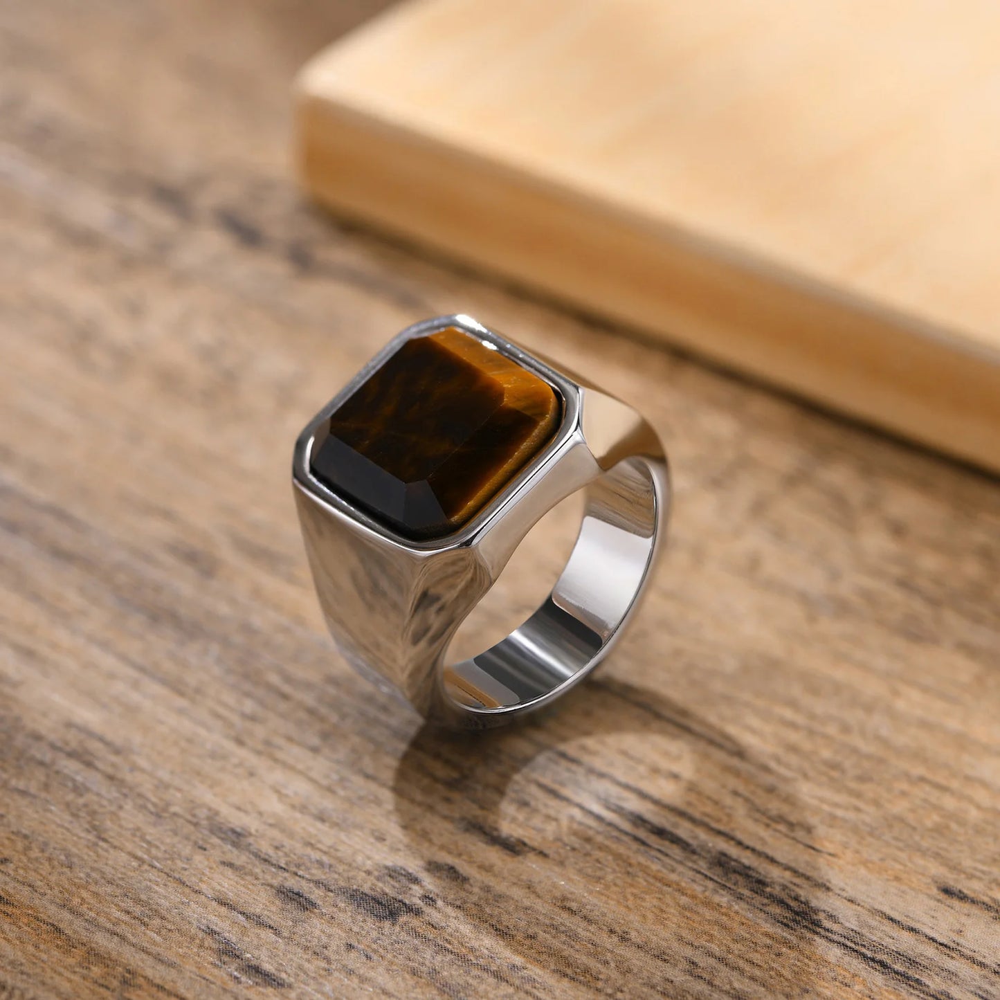 Men Tigers Eye Signet Rings Waterproof Stainless Steel