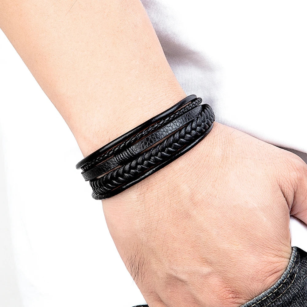 Hand Woven Leather Bracelet Multilayer Mens Bangles